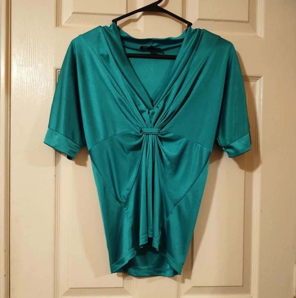 Teal Short Sleeve V- neck Dress Shirt with Knot Detail